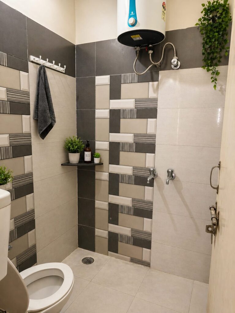 Clean washroom with modern fittings at Neeldhari House PG Rajpura